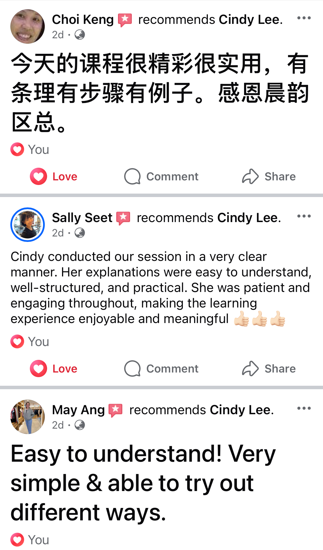 Choi Keng、Sally Seet与May Ang推荐Cindy的真实评价