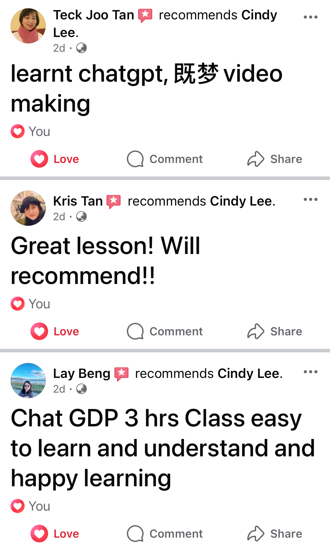 Teck Joo Tan、Kris Tan与Lay Beng推荐Cindy的真实评价