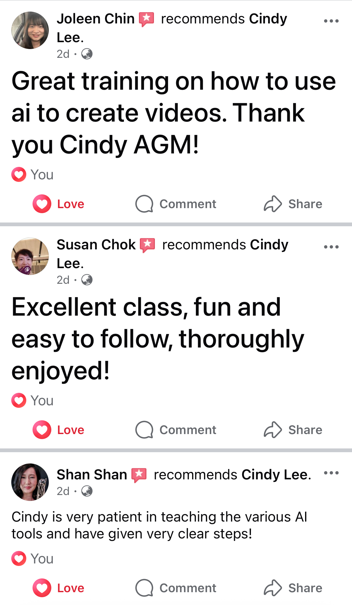 Joleen Chin、Susan Chok与Shan Shan推荐Cindy的真实评价